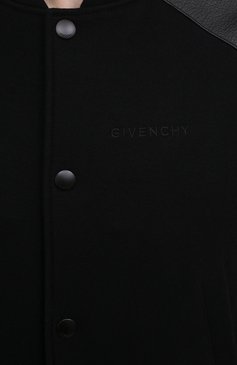 Мужской комбинированный бомбер GIVENCHY черного цвета, арт. BM00N460TH | Фото 5 (Материал внешний: Шерсть; Материал подклада: Купро; Стили: Кэжуэл; Длина (верхняя одежда): Короткие; Мужское Кросс-КТ: Кожа и замша; Кросс-КТ: Куртка, бомбер; Принт: Без принта; Драгоценные камни: Проставлено; Материал сплава: Проставлено; Рукава: Длинные)