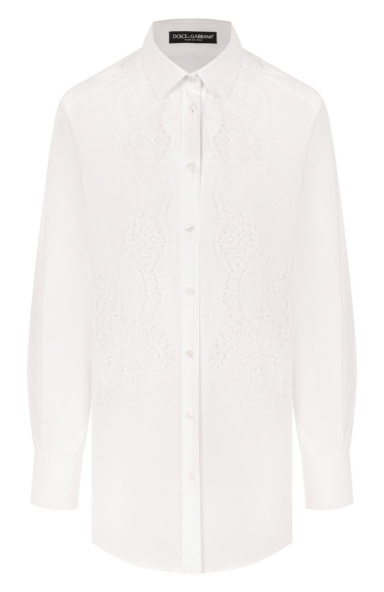 Женская хлопковая рубашка DOLCE & GABBANA белого цвета, арт. F5T32T/FUEAJ | Фото 1 (Длина (для топов): Удлиненные; Материал внешний: Хлопок; Рукава: Длинные; Женское Кросс-КТ: Рубашка-одежда; Принт: Без принта; Стили: Кэжуэл; Автоматизация ТО: Проставлено; Размерность: Идёт в размер; Автоматизация состава: Проставлено)