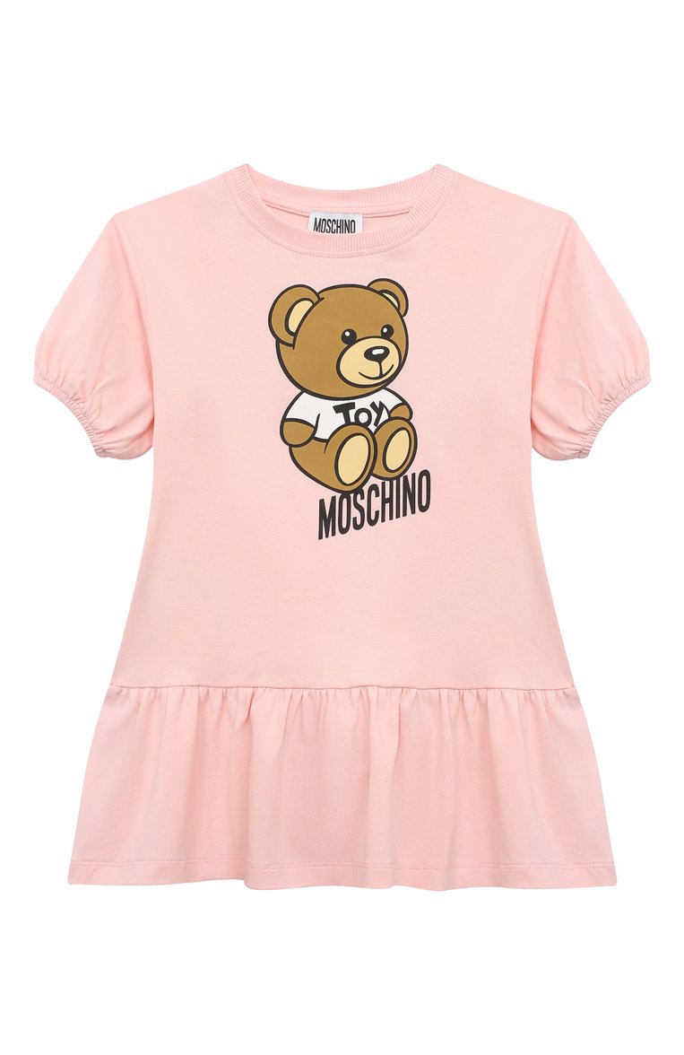 Детское хлопковое платье MOSCHINO светло-розового цвета, арт. HDV0CQ/LBA10/10-14 | Фото 1 (Материал внешний: Хлопок; Рукава: Короткие; Девочки Кросс-КТ: Платье-одежда; Случай: Повседневный; Автоматизация состава: Проставлено; Автоматизация ТО: Проставлено; Ростовка одежда: 10 - 11 лет | 140 - 146см, 12 лет | 152 см)