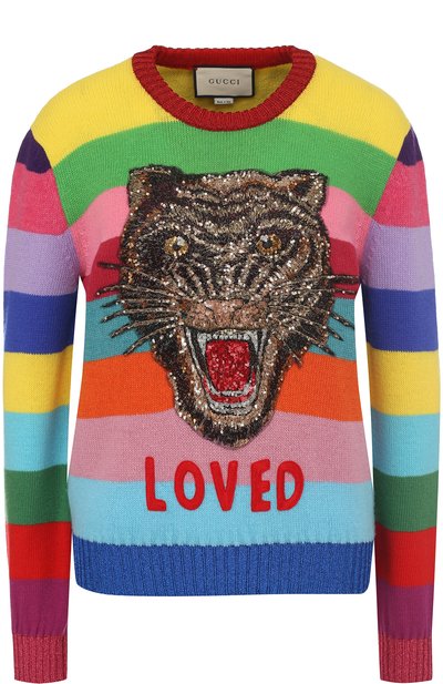 Женский шерстяной пуловер в полоску с вышивкой пайетками GUCCI, арт. 482370/X9D52