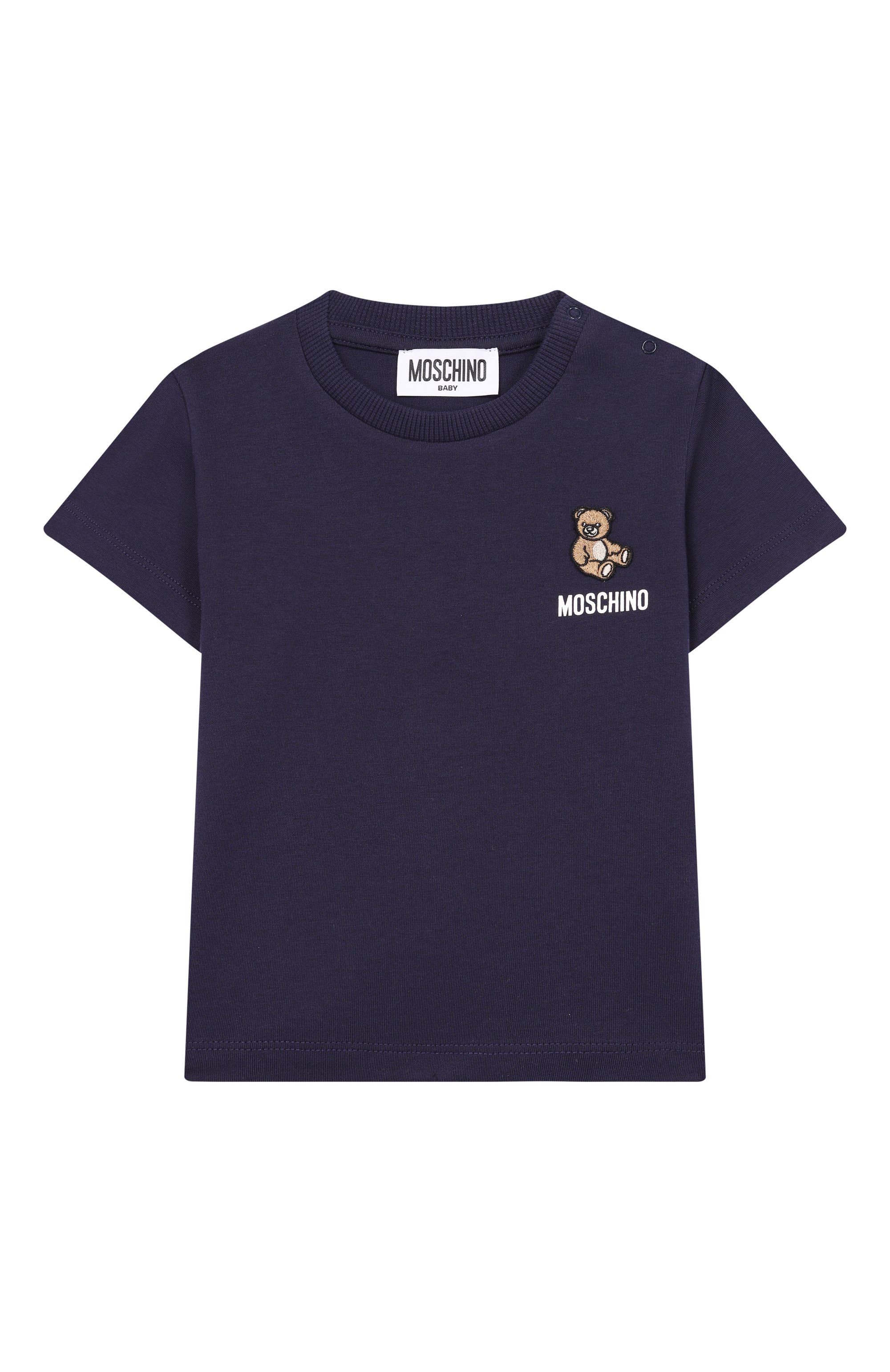 Хлопковая футболка MOSCHINO темно-синего цвета по цене 7580 руб., арт. MUM04V/LAA02, фото 1 Хлопковая футболка MOSCHINO, арт. MUM04V/LAA02, фото 1