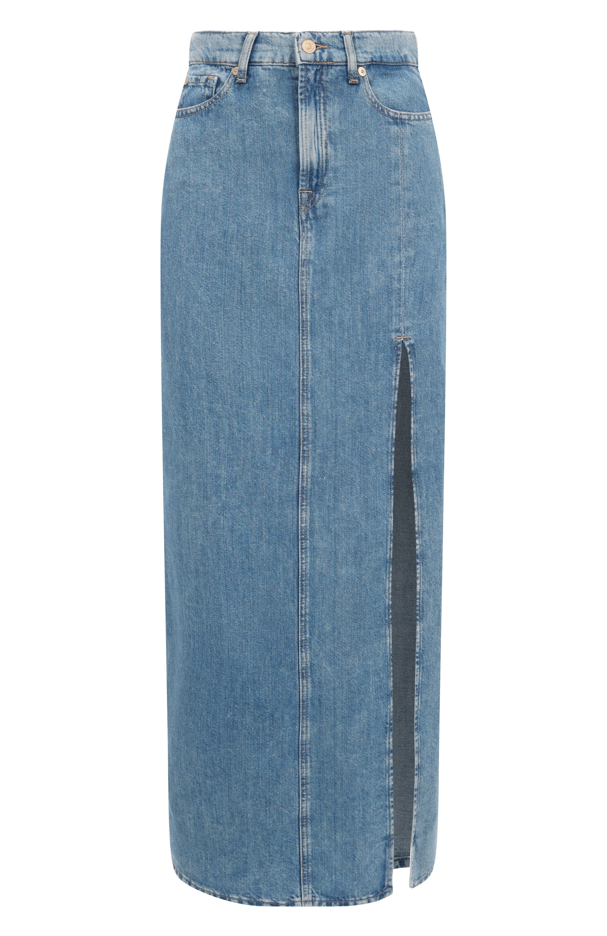 Джинсовая юбка 7 FOR ALL MANKIND голубого цвета по цене 29950 руб., арт. 7U028U03AIA, фото 1 Джинсовая юбка 7 FOR ALL MANKIND, арт. 7U028U03AIA, фото 1