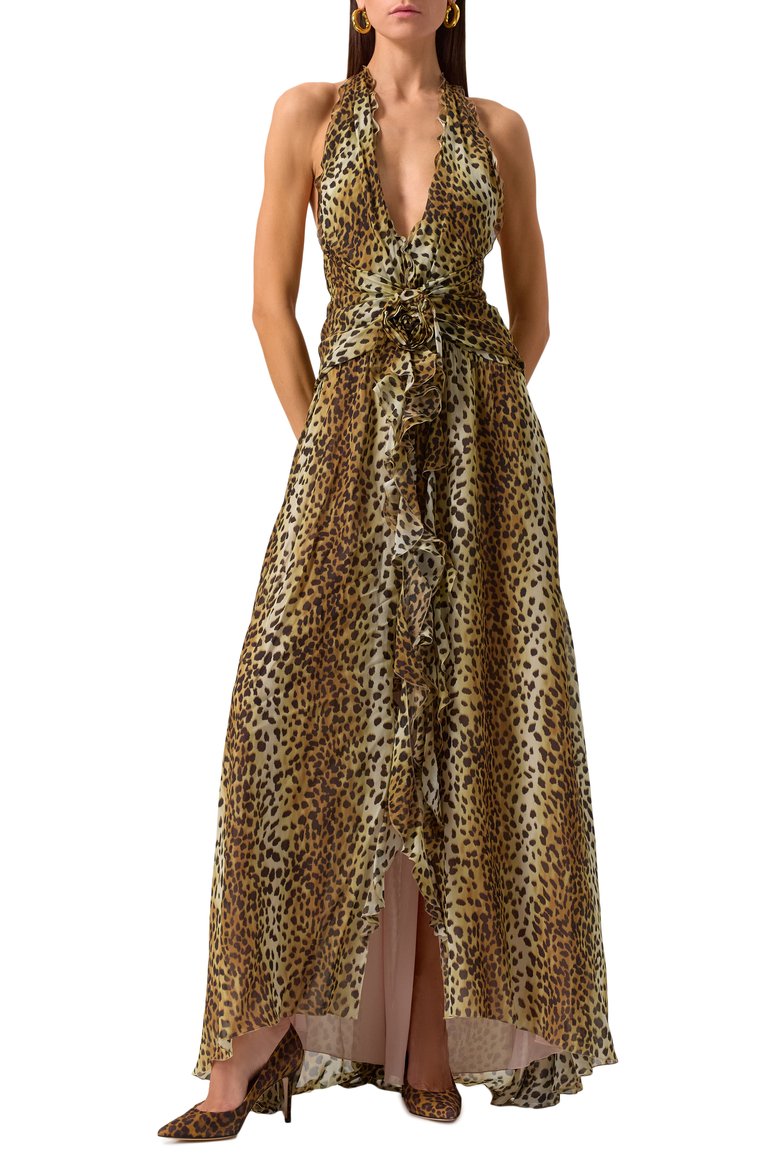 Женское платье из вискозы BLUMARINE леопардового цвета, арт. P522A608W | Фото 3 (Длина Ж (юбки, платья, шорты): Макси; Материал внешний: Вискоза; Случай: Коктейльный; Женское Кросс-КТ: Платье-одежда; Рукава: Без рукавов; Стили: Гламурный)