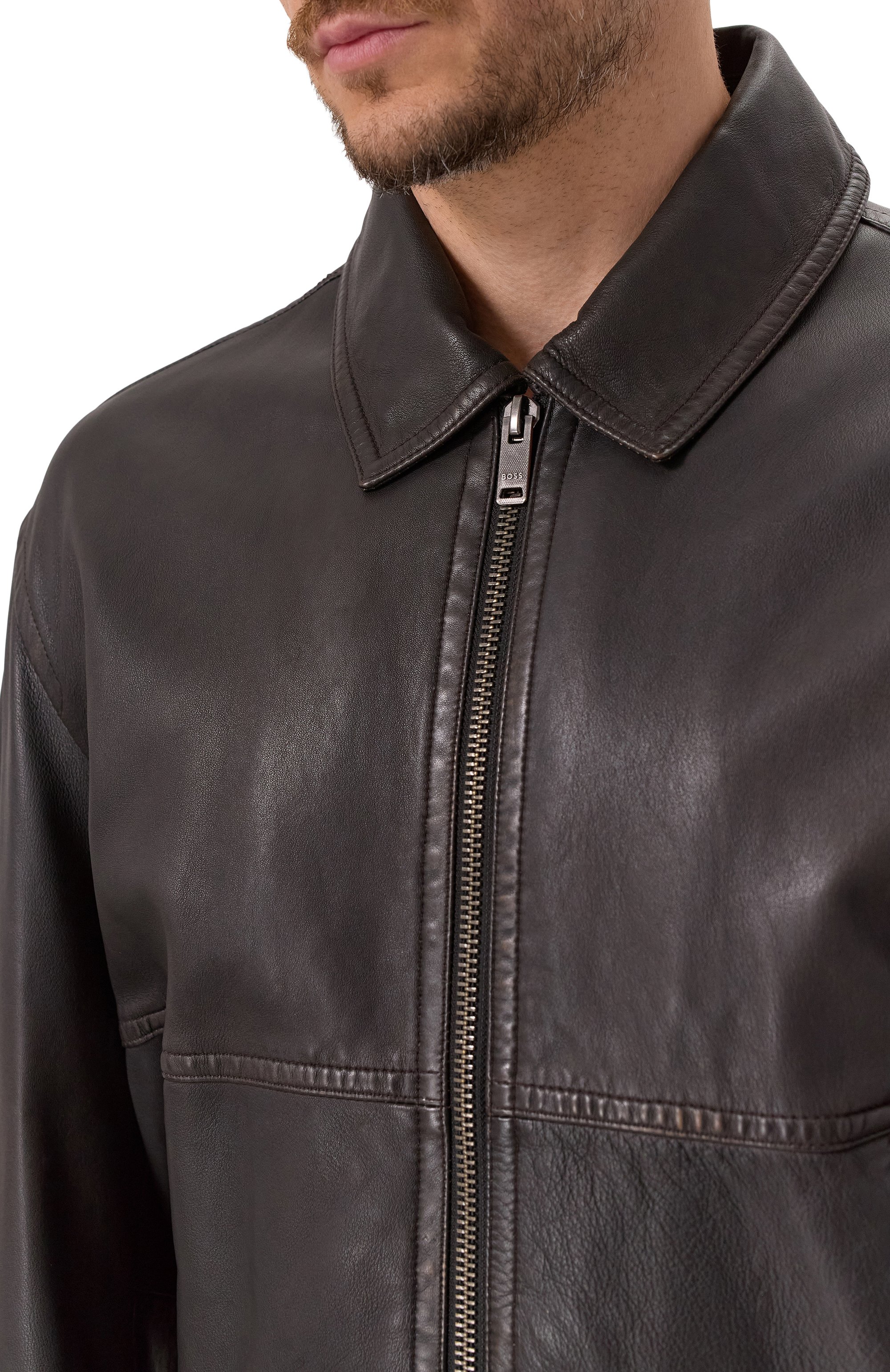 Кожаный бомбер BOSS ORANGE темно-коричневого цвета по цене 75950 руб., арт. 50543240, фото 5 Кожаный бомбер BOSS ORANGE, арт. 50543240, фото 5