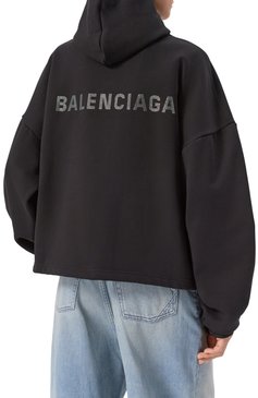 Женский хлопковое худи BALENCIAGA черного цвета, арт. 818545/TQVY1 | Фото 4 (Длина (для топов): Стандартные; Рукава: Длинные; Материал внешний: Хлопок; Стили: Кэжуэл; Женское Кросс-КТ: Худи-одежда)