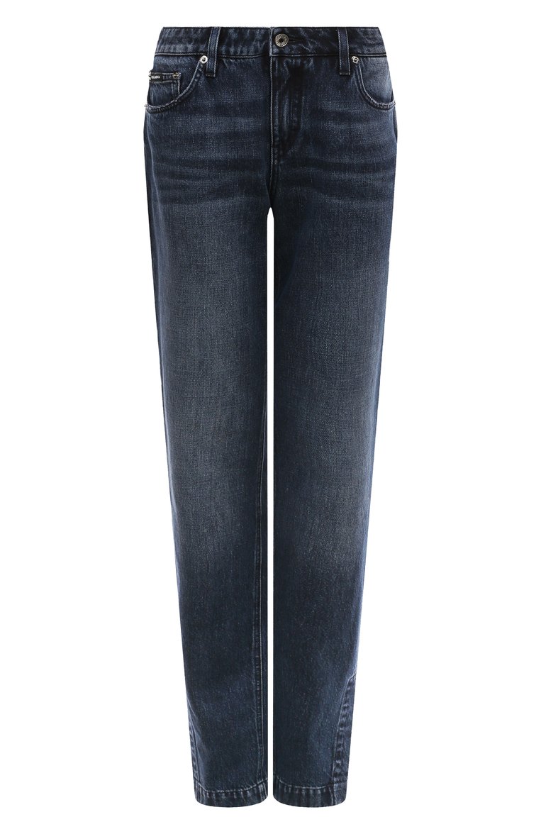 Женские джинсы DOLCE & GABBANA темно-синего цвета, арт. FTC0WD/G8KR4 | Фото 1 (Длина (брюки, джинсы): Удлиненные; Материал внешний: Хлопок, Деним; Кросс-КТ: Деним; Силуэт Ж (брюки и джинсы): Расклешенные; Стили: Кэжуэл; Детали: Потертости)