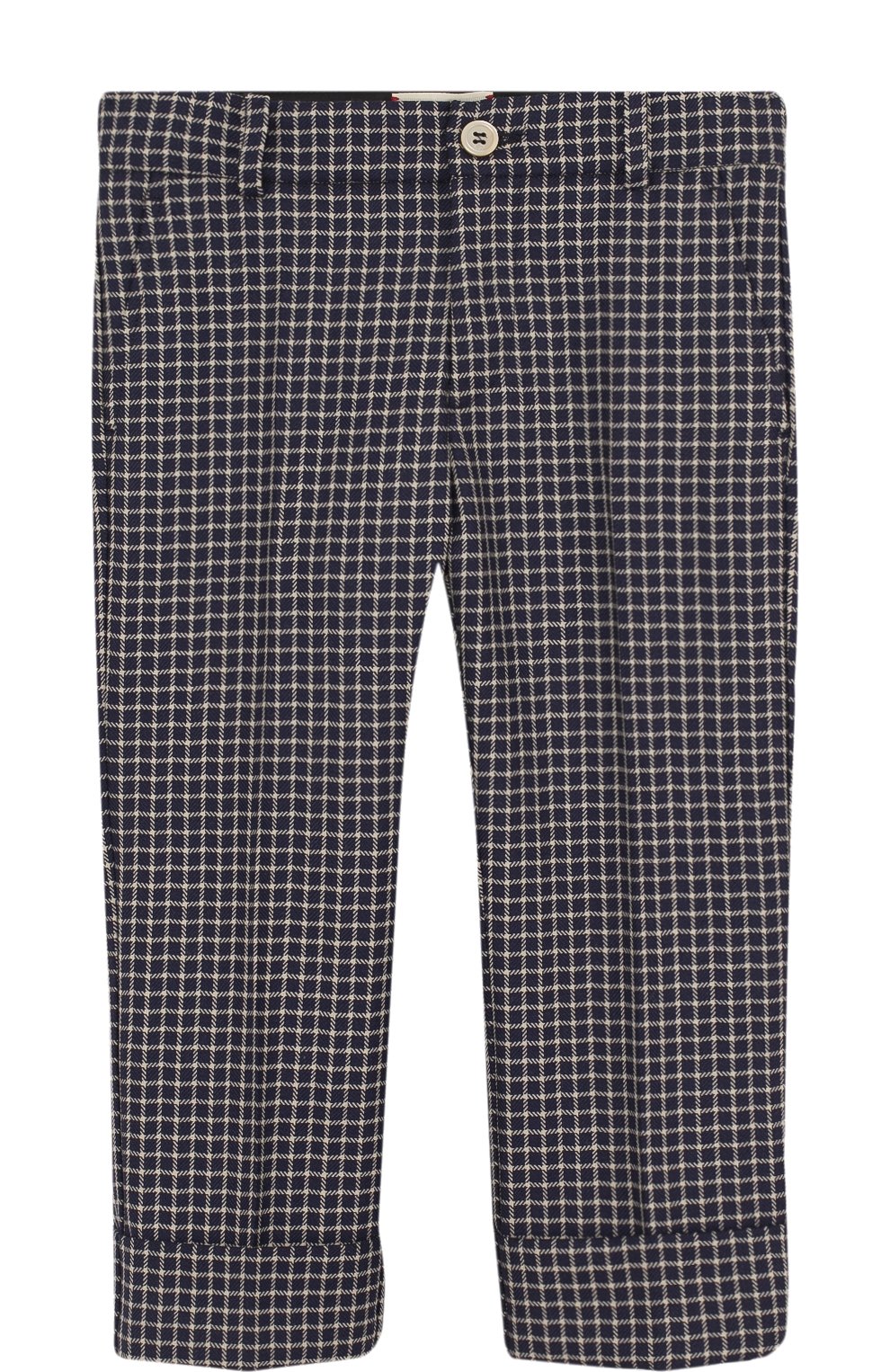 Шерстяные брюки в клетку с отворотами GUCCI синего цвета по цене 53350 руб., арт. 499573/XB823, фото 1 Шерстяные брюки в клетку с отворотами GUCCI, арт. 499573/XB823, фото 1