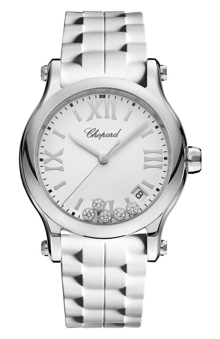 Женские часы happy sport CHOPARD бесцветного цвета, арт. 278582-3001 | Фото 1 (Материал корпуса: Сталь; Цвет циферблата: Белый; Механизм: Кварц; Региональные ограничения белый список (Axapta Mercury): Не проставлено; Нос: Не проставлено)