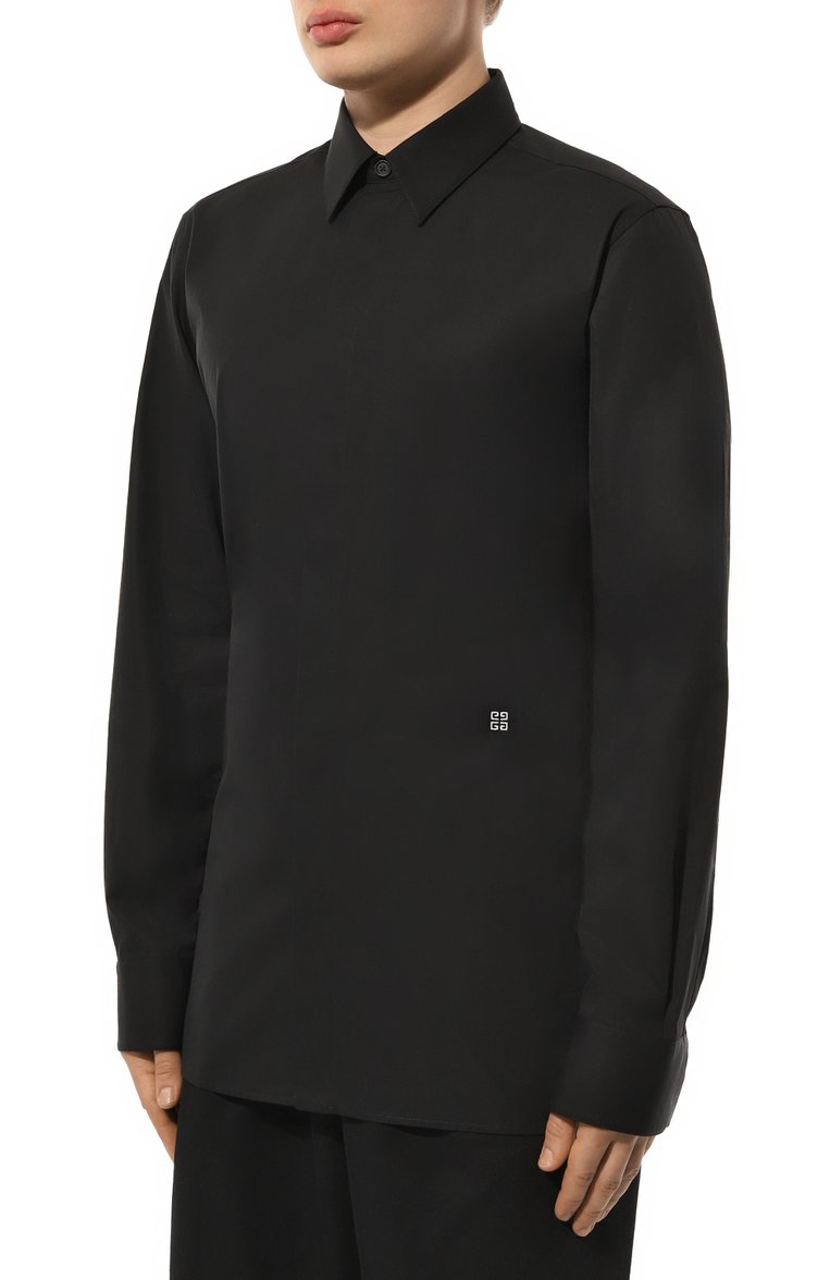 Мужская хлопковая рубашка GIVENCHY черного цвета, арт. BM60PQ14M6 | Фото 3 (Рукава: Длинные; Материал внешний: Хлопок; Длина (для топов): Стандартные; Манжеты: На пуговицах; Случай: Повседневный; Стили: Кэжуэл; Принт: Однотонные; Рубашки М: Regular Fit; Воротник: Акула; Автоматизация ТО: Проставлено; Автоматизация состава: Проставлено)