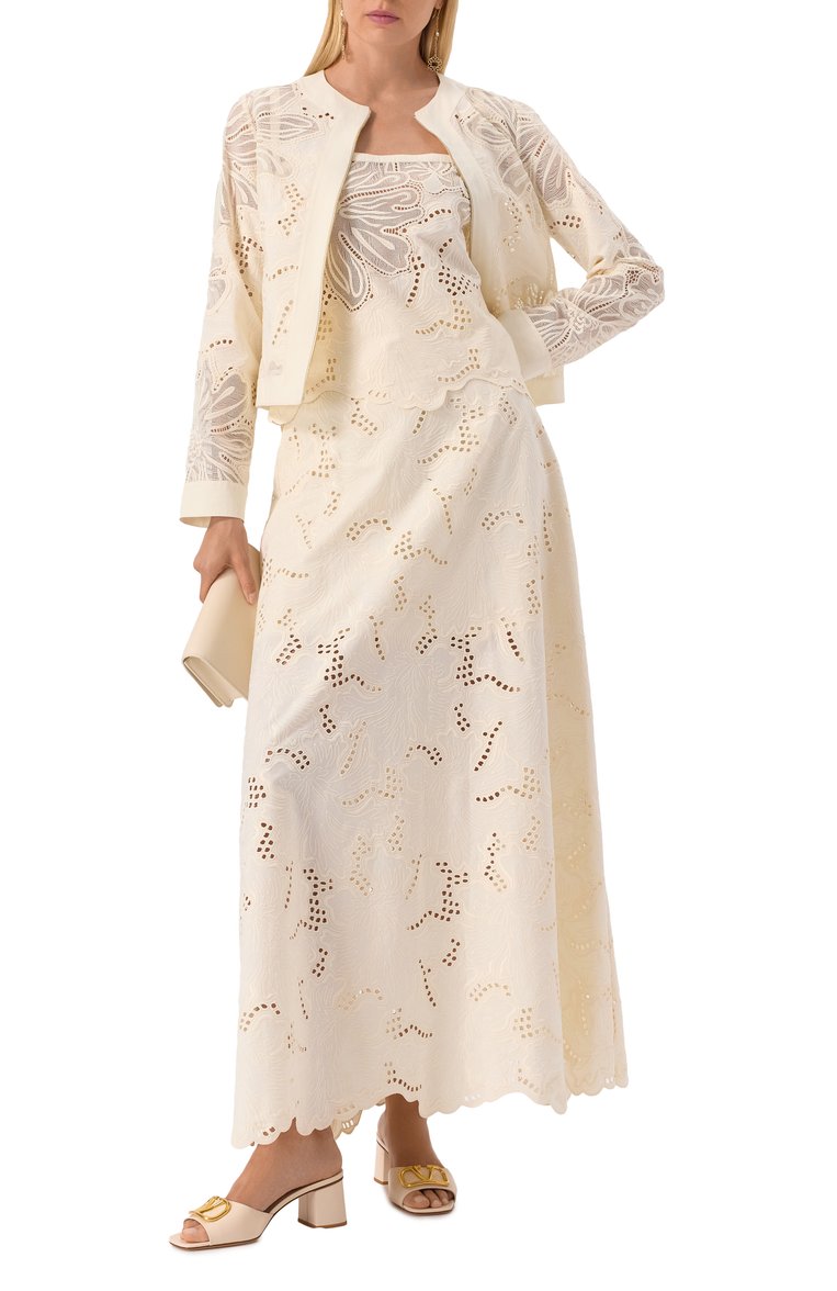 Женский топ ELIE SAAB кремового цвета, арт. T0142 | Фото 2 (Материал подклада: Хлопок; Длина (для топов): Стандартные; Материал внешний: Синтетический материал; Кросс-КТ: костюм; Стили: Романтичный; Рукава: На бретелях)