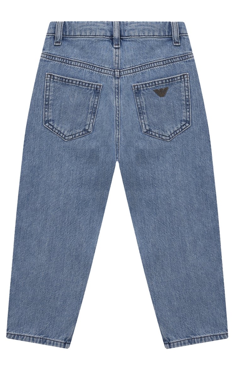 Детские джинсы EMPORIO ARMANI голубого цвета, арт. 6D4J79/3D27Z | Фото 2 (Нос: Не проставлено; Материал внешний: Хлопок; Детали: Потертости; Автоматизация состава: Проставлено; Ростовка одежда: 4 года | 104 см, 5 лет | 110 см, 6 лет | 116 см, 7 лет | 122 см, 10 - 11 лет | 140 - 146см, 13 - 15 лет | 158 см, 8 лет | 128 см, 16 лет | 164 см)