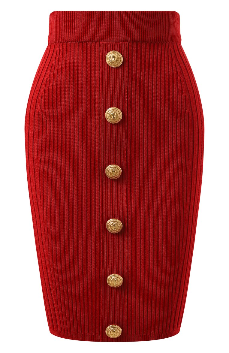 Женская юбка из вискозы BALMAIN красного цвета, арт. BF1LC200/KE18 | Фото 1 (Материал внешний: Вискоза; Материал сплава: Проставлено; Драгоценные камни: Проставлено; Длина Ж (юбки, платья, шорты): До колена; Стили: Романтичный; Кросс-КТ: костюм, Трикотаж)