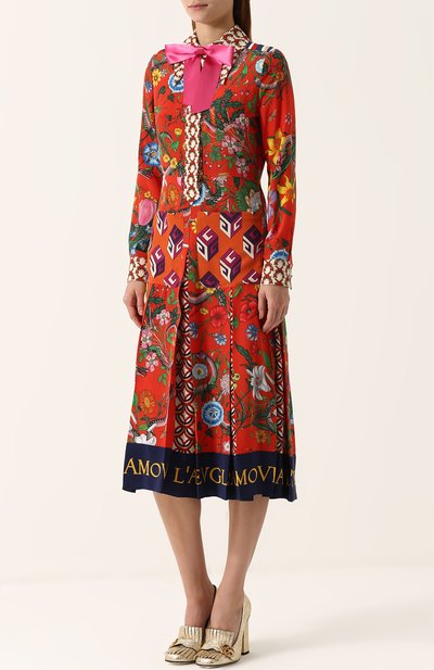 Приталенное шелковое платье-миди с принтом GUCCI, арт. 477336/ZJP71, фото 3