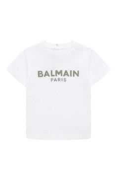 Детс�кая хлопковая футболка BALMAIN белого цвета, арт. BT8531 | Фото 1 (Рукава: Короткие; Материал сплава: Проставлено; Материал внешний: Хлопок; Драгоценные камни: Проставлено; Ростовка одежда: 12 мес | 80 см, 18 мес | 86 см, 24 мес | 92 см, 36 мес | 98 см, 9 мес | 74 см)