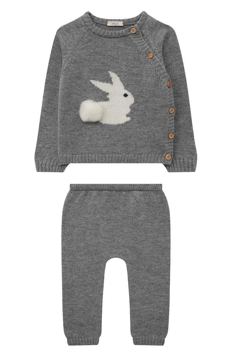 Детский комплект из пуловера и брюк BABY T серого цвета, арт. 22AI170C/1M-12M | Фото 1 (Материал внешний: Шерсть; Материал сплава: Проставлено; Нос: Не проставлено)
