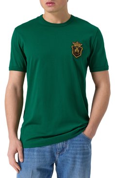 Мужская хлопковая футболка DOLCE & GABBANA зеленого цвета, арт. G8PV1Z/G704C | Фото 3 (Длина (для топов): Стандартные; Материал внешний: Хлопок; Рукава: Короткие; Материал сплава: Проставлено; Драгоценные камни: Проставлено; Принт: Без принта; Стили: Кэжуэл; Кросс-КТ: Джерси; Мужское Кросс-КТ: Футболка-одежда)