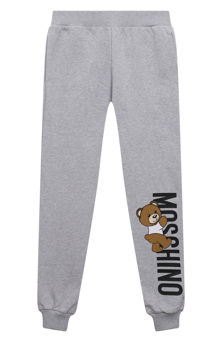 Мужского хлопковые джоггеры MOSCHINO светло-серого цвета, арт. HUP07P/LDA27/10-14 | Фото 1 (Нос: Не проставлено; Материал внешний: Хлопок; Мальчики Кросс-КТ: Джоггеры-одежда, Брюки-спорт; Региональные ограничения белый список (Axapta Mercury): Не проставлено; Девочки Кросс-КТ: Джоггеры-одежда, Брюки-спорт; Ростовка одежда: 10 - 11 лет | 140 - 146см, 12 лет | 152 см)