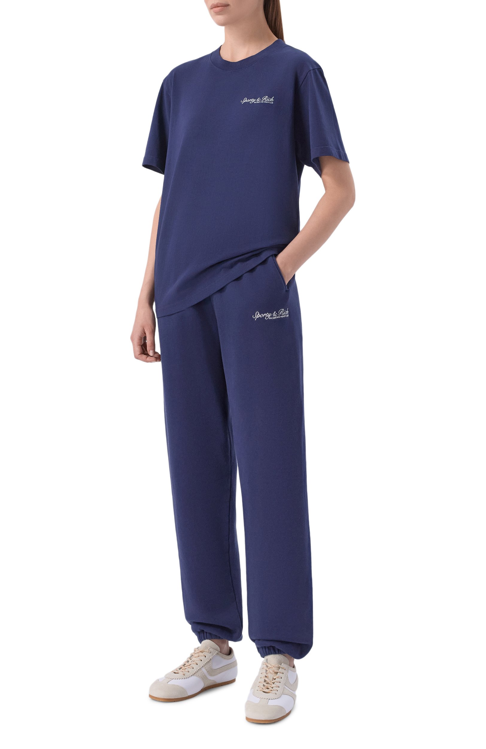 Хлопковая футболка SPORTY AND RICH темно-синего цвета по цене 12150 руб., арт. T011975325BL106, фото 2 Хлопковая футболка SPORTY AND RICH, арт. T011975325BL106, фото 2
