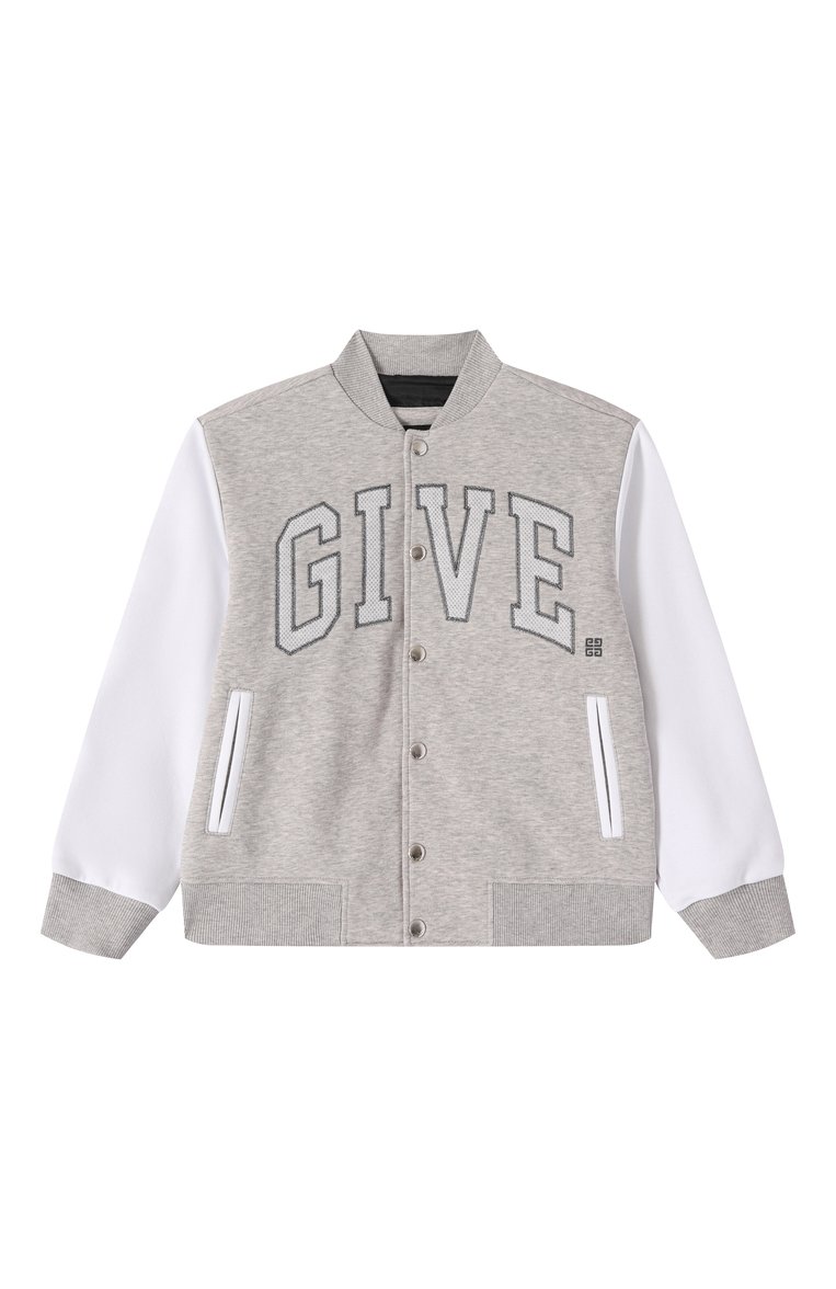 Детский хлопковый бомбер GIVENCHY серого цвета, арт. H30702 | Фото 1 (Драгоценные камни: Проставлено; Рукава: Длинные; Материал подклада: Хлопок; Материал сплава: Проставлено; Мальчики Кросс-КТ: Толстовка-одежда; Кросс-КТ: бомбер; Материал внешний: Хлопок; Ростовка одежда: 5 лет | 110 см, 7 лет | 122 см, 12 лет | 152 см, 9 лет | 134 см, 13 - 15 лет | 158 см)