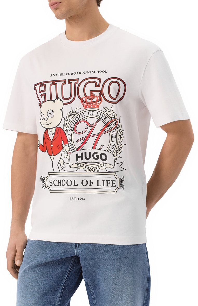 Мужская хлопковая футболка HUGO белого цвета, арт. 50538254 | Фото 3 (Длина (для топов): Стандартные; Рукава: Короткие; Материал внешний: Хлопок; Принт: С принтом; Стили: Кэжуэл; Кросс-КТ: Джерси; Мужское Кросс-КТ: Футболка-одежда)