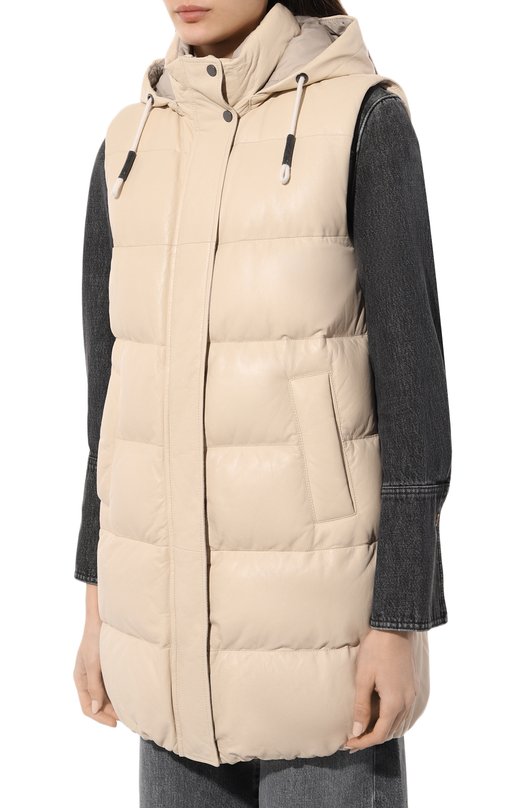 Пуховый кожаный жилет Brunello Cucinelli MPNPI9624P Кремовый  MPNPI9624P Фото 3