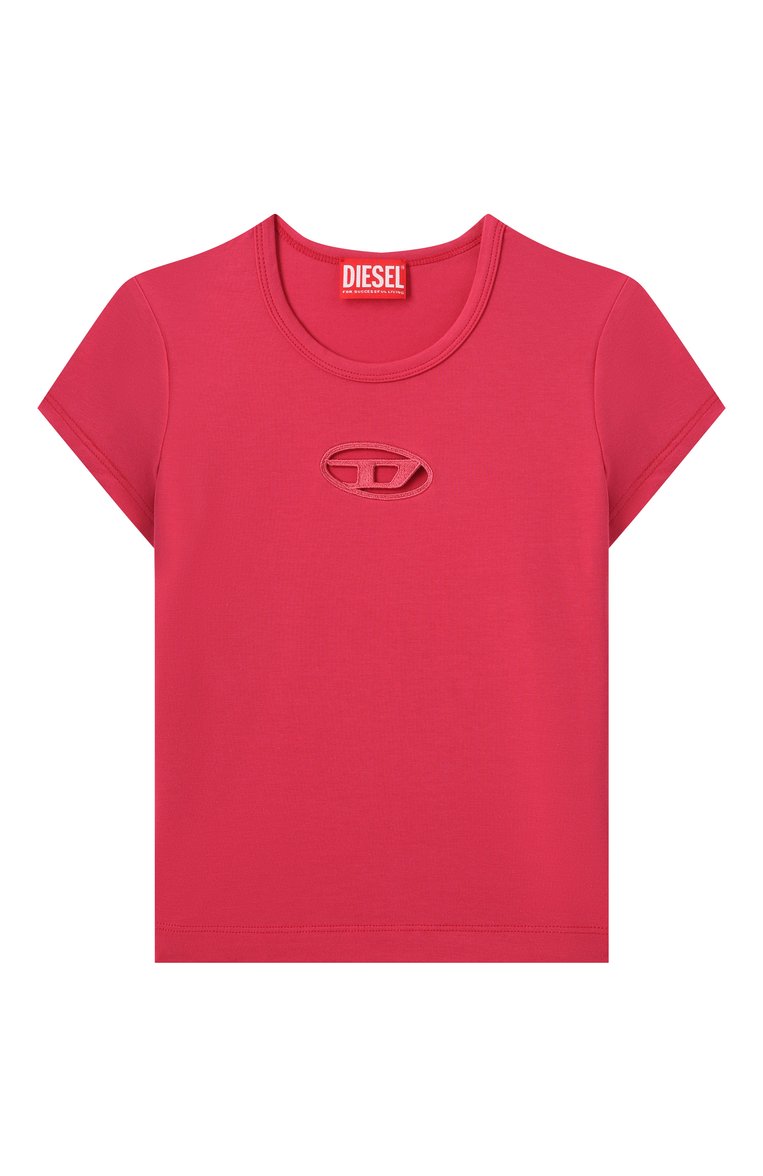 Детская хлопковая футболка DIESEL фуксия цвета, арт. J01830/0AFAA | Фото 1 (Рукава: Короткие; Материал сплава: Проставлено; Драгоценные камни: Проставлено; Девочки Кросс-КТ: футболка-одежда; Материал внешний: Хлопок; Ростовка одежда: 4 года | 104 см, 16 лет | 164 см, 13 - 15 лет | 158 см, 6 лет | 116 см, 10 - 11 лет | 140 - 146см, 8 лет | 128 см)