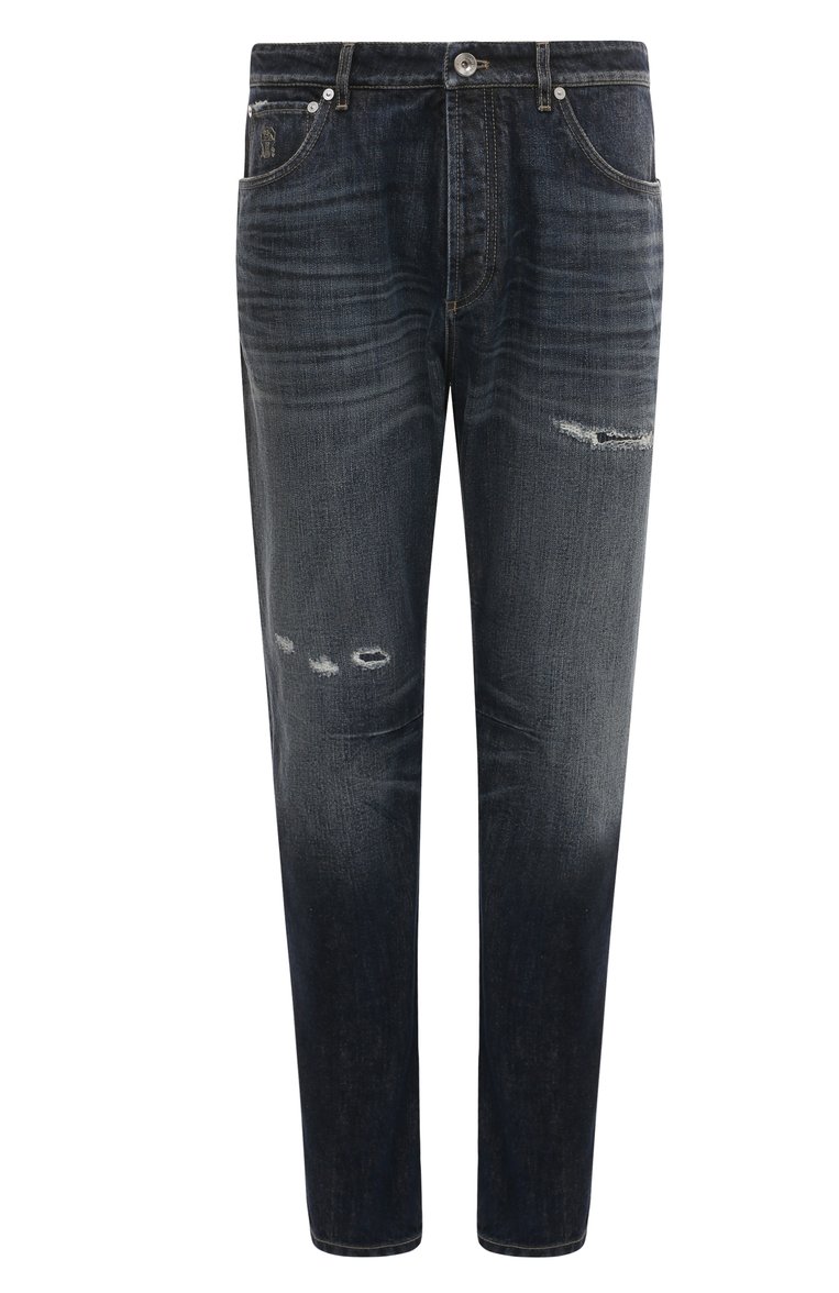 Мужские джинсы leisure fit BRUNELLO CUCINELLI темно-синего цвета, арт. MA095X2520 | Фото 1 (Длина (брюки, джинсы): Стандартные; Материал внешний: Хлопок, Деним; Кросс-КТ: Деним; Детали: Потертости; Силуэт М (брюки): Прямые; Стили: Streetwear; Автоматизация состава: Проставлено; Автоматизация ТО: Проставлено)