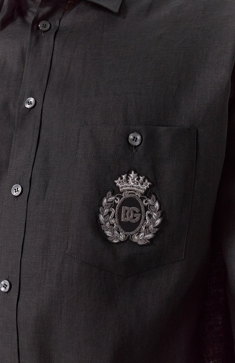 Мужская льняная рубашка DOLCE & GABBANA черного цвета, арт. G5MS2Z/FU4IK | Фото 6 (Длина (для топов): Стандартные; Материал внешний: Лен; Рукава: Длинные; Случай: Повседневный; Воротник: Кент; Принт: Однотонные; Манжеты: На пуговицах; Стили: Кэжуэл; Автоматизация ТО: Проставлено; Автоматизация состава: Проставлено; Размерность: Идёт в размер; Детали: Декор)
