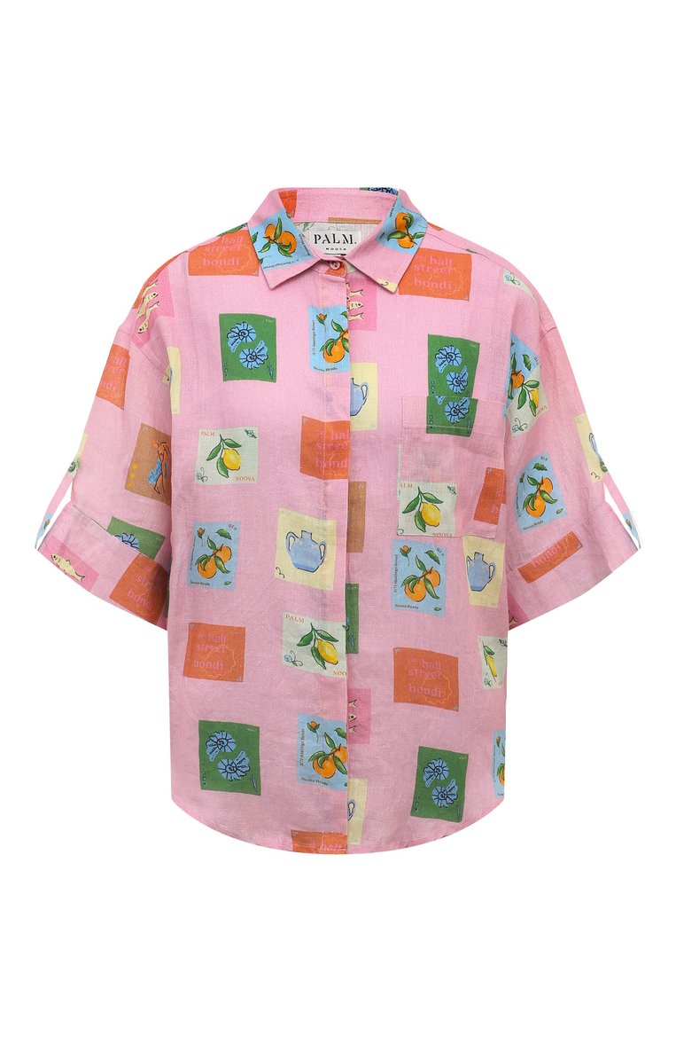 Женский льняная рубашка PALM NOOSA розового цвета, арт. MIRAGE SHIRT | Фото 1 (Материал внешний: Лен; Рукава: 3/4; Длина (для топов): Стандартные; Стили: Романтичный, Кэжуэл; Женское Кросс-КТ: Рубашка-одежда; Принт: С принтом)