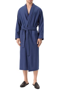 Мужской халат из хлопка и шерсти ZIMMERLI темно-синего цвета, арт. 4600-75143 | Фото 2 (Длина (верхняя одежда): Длинные; Рукава: Длинные; Драгоценные камни: Проставлено; Материал сплава: Проставлено; Кросс-КТ: домашняя одежда; Материал внешний: Хлопок)