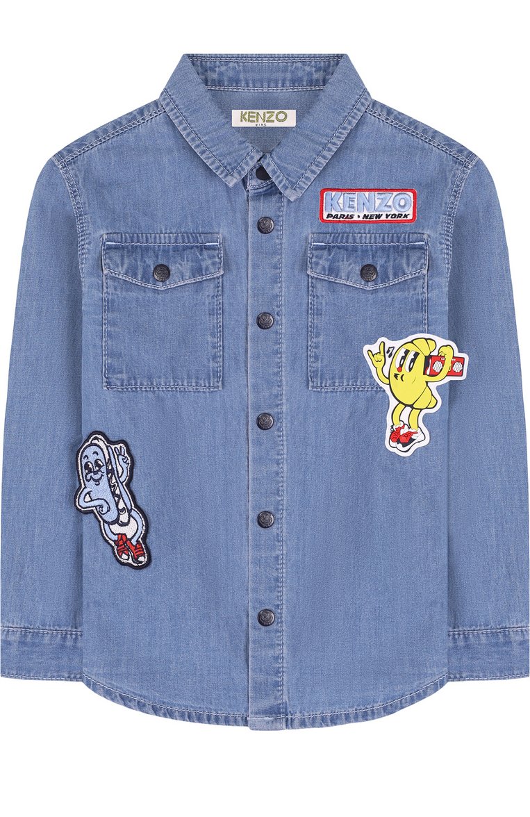 Petit*S KUMA Джинсовая рубашка с нашивками KENZO голубого цвета для мальчиков