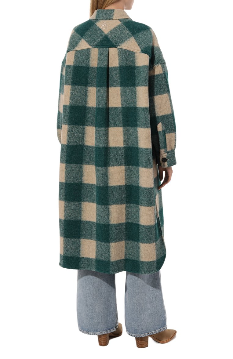 Женское пальто ISABEL MARANT ETOILE зеленого цвета, арт. MA0018FA | Фото 4 (Длина (верхняя одежда): Длинные; 1-2-бортные: Однобортные; Материал внешний: Синтетический материал; Стили: Кэжуэл; Рукава: Длинные; Материал подклада: Хлопок)