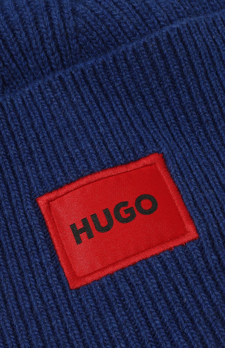 Мужская шерстяная шапка HUGO синего цвета, арт. 50496011 | Фото 3 (Материал: Текстиль, Шерсть; Кросс-КТ: Трикотаж; Материал сплава: Проставлено; Нос: Не проставлено)