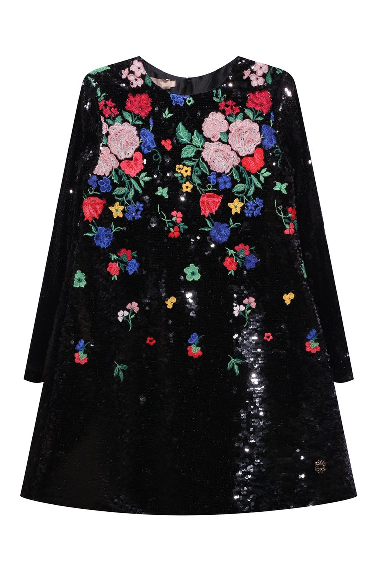 Детское платье ELIE SAAB JUNIOR черного цвета, арт. EFAB051 TS0931 RIC01 | Фото 1 (Рукава: Длинные; Материал внешний: Синтетический материал; Драгоценные камни: Проставлено; Материал сплава: Проставлено; Девочки Кросс-КТ: Платье-одежда; Случай: Вечерний; Ростовка одежда: 6 лет | 116 см, 8 лет | 128 см, 10 - 11 лет | 140 - 146см, 12 лет | 152 см, 13 - 15 лет | 158 см)