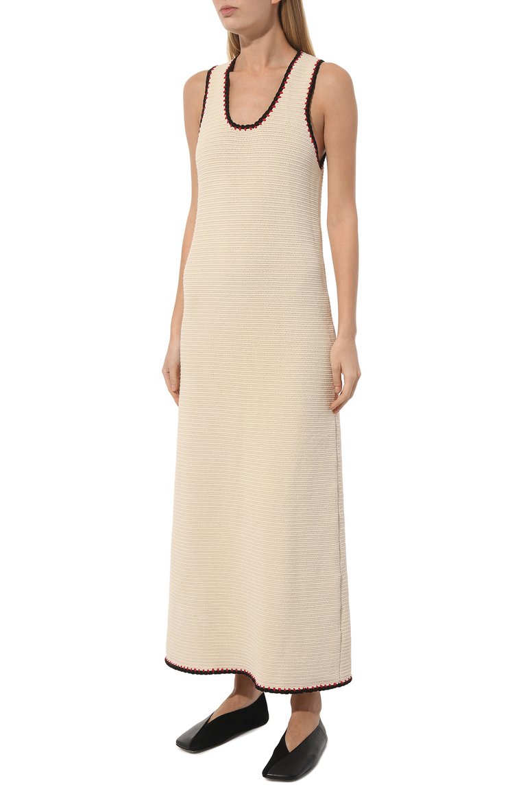 Женское хлопковое платье JIL SANDER бежевого цвета, арт. J40CT0157/J15401 | Фото 3 (Длина Ж (юбки, платья, шорты): Макси; Материал внешний: Хлопок; Женское Кросс-КТ: Платье-одежда, Сарафаны; Случай: Повседневный; Кросс-КТ: Трикотаж; Стили: Минимализм; Рукава: Без рукавов; Автоматизация состава: Проставлено; Автоматизация ТО: Проставлено)