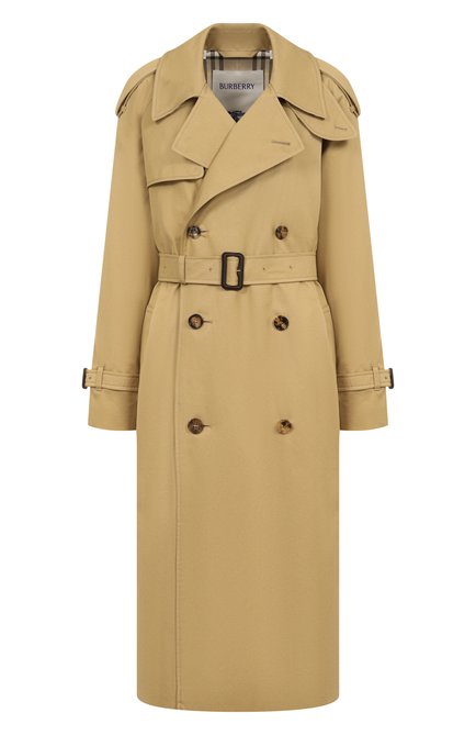 Женский хлопковый тренч BURBERRY бежевого цвета, арт. 8104711 | Фото 1 (Материал сплава: Проставлено; Материал подклада: Хлопок; Рукава: Длинные; Материал внешний: Хлопок; Драгоценные камни: Проставлено; Длина (верхняя одежда): Длинные)