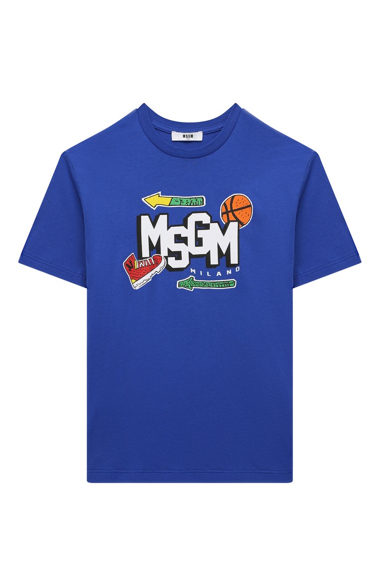 Детская хлопковая футболка MSGM KIDS синего цвета, арт. F4MSJBTH246 | Фото 1 (Рукава: Короткие; Материал внешний: Хлопок; Драгоценные камни: Проставлено; Материал сплава: Проставлено; Мальчики Кросс-КТ: Футболка-одежда; Ростовка одежда: 6 лет | 116 см, 8 лет | 128 см, 10 - 11 лет | 140 - 146см, 12 лет | 152 см, 16 лет | 164 см)