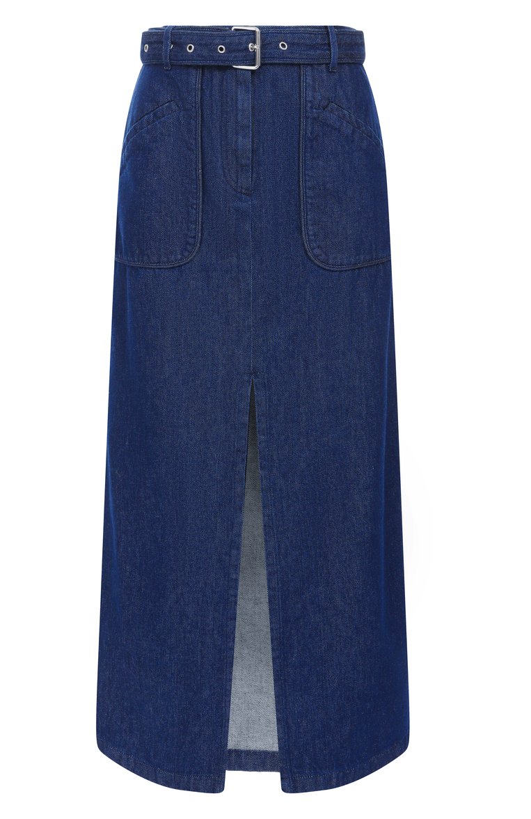 Женская джинсовая юбка DRIES VAN NOTEN синего цвета, арт. 251-010825-1562 | Фото 1 (Материал внешний: Хлопок, Деним; Кросс-КТ: Деним; Стили: Минимализм; Длина Ж (юбки, платья, шорты): Миди; Автоматизация ТО: Проставлено; Автоматизация состава: Проставлено)