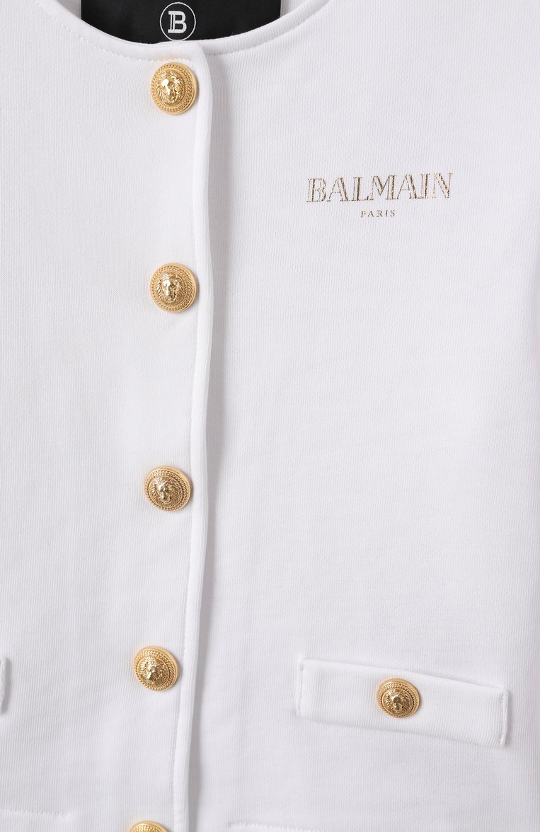 Детский хлопковый жакет BALMAIN белого цвета, арт. BW2A84 | Фото 3 (Рукава: Длинные; Девочки Кросс-КТ: Жакет-одежда; Материал внешний: Хлопок; Автоматизация состава: Проставлено; Автоматизация ТО: Проставлено; Ростовка одежда: 6 лет | 116 см, 8 лет | 128 см, 10 - 11 лет | 140 - 146см, 16 лет | 164 см, 12 лет | 152 см, 13 - 15 лет | 158 см)