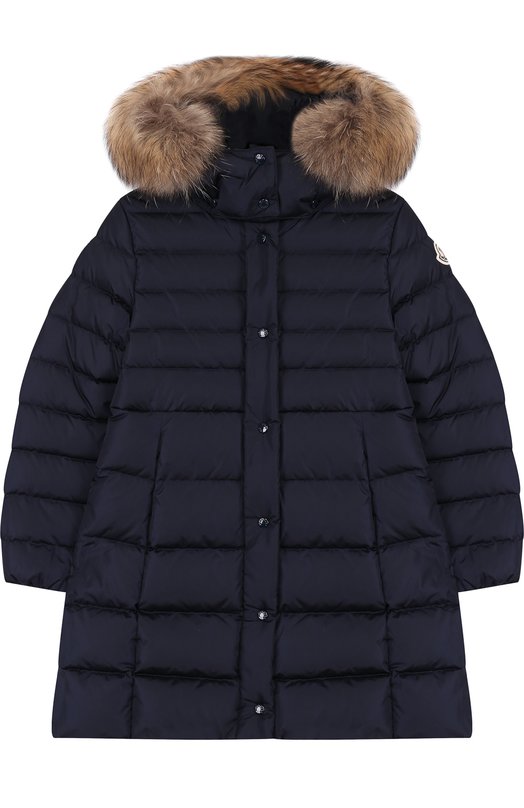 

Пуховое пальто на молнии с капюшоном и меховой отделкой Moncler Enfant, Синий