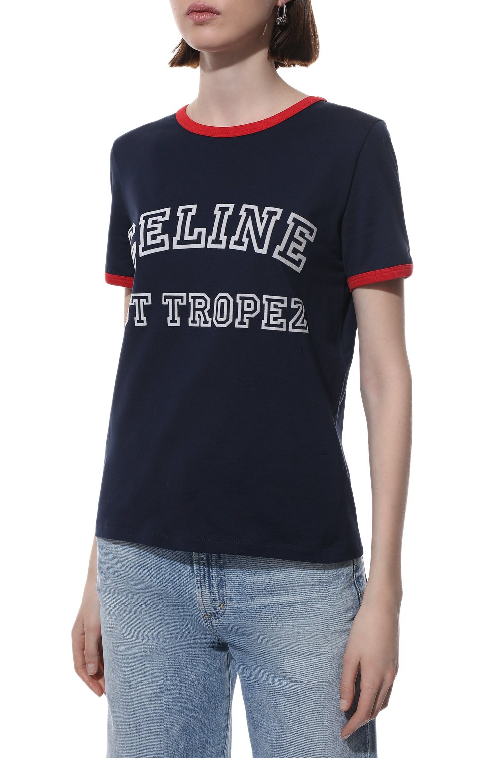 Хлопковая футболка CELINE темно-синего цвета по цене 38350 руб., арт. 2X774671Q, фото 3 Хлопковая футболка CELINE, арт. 2X774671Q, фото 3