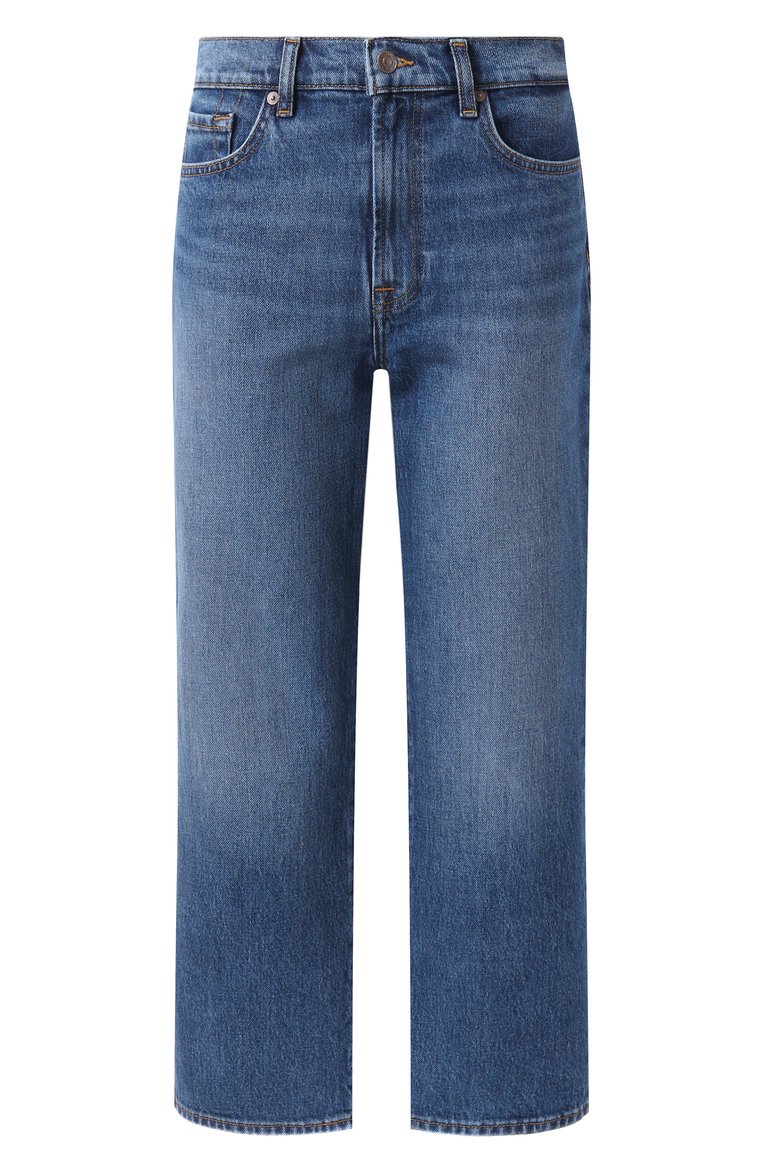 Женские джинсы 7 FOR ALL MANKIND синего цвета, арт. 7U113C10JSE | Фото 1 (Драгоценные камни: Проставлено; Материал сплава: Проставлено; Длина (брюки, джинсы): Стандартные; Силуэт Ж (брюки и джинсы): Прямые; Кросс-КТ: Деним; Материал внешний: Деним, Хлопок; Стили: Повседневный)