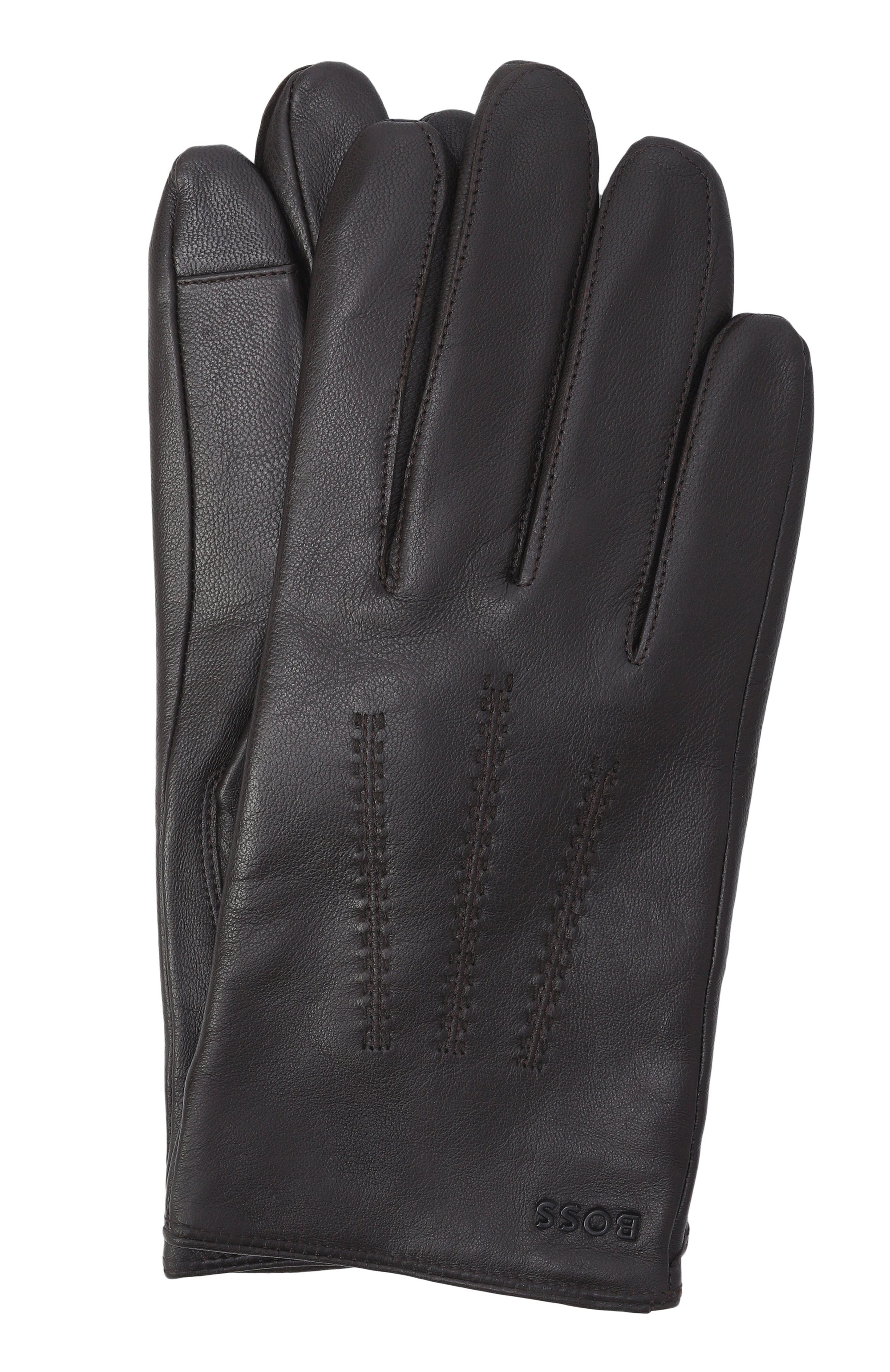 Кожаные перчатки BOSS темно-коричневого цвета по цене 12350 руб., арт. 50496604, фото 1 Кожаные перчатки BOSS, арт. 50496604, фото 1