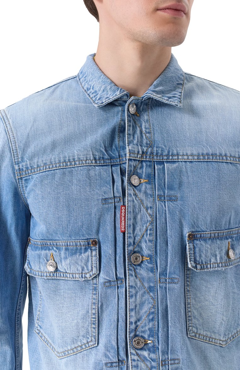 Мужская джинсовая куртка DSQUARED2 синего цвета, арт. S71AN0607/S30309 | Фото 5 (Длина (верхняя одежда): Короткие; Ма�териал внешний: Хлопок, Деним; Рукава: Длинные; Кросс-КТ: Деним, Легкие; Стили: Кэжуэл)