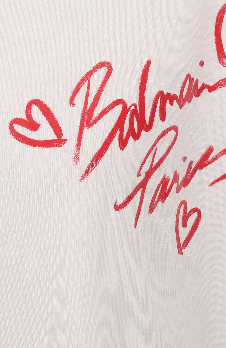 Женская футболка BALMAIN белого цвета, арт. EF0EG012/BC99 | Фото 6 (Рукава: Короткие; Длина (для топов): Стандартные; Материал внешний: Хлопок; Принт: С принтом; Стили: Кэжуэл; Автоматизация ТО: Проставлено; Автоматизация состава: Проставлено)