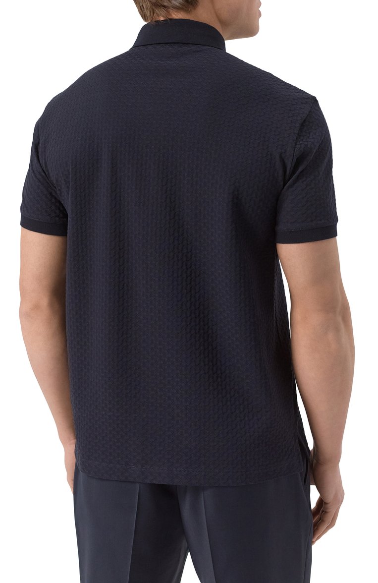 Мужское хлопковое поло EMPORIO ARMANI темно-синего цвета, арт. EM001295/AF10762 | Фото 4 (Рукава: Короткие; Длина (для топов): Стандартные; Материал внешний: Хлопок; Принт: Без принта; Застежка: Пуговицы; Стили: Кэжуэл; Кросс-КТ: Джерси; Мужское Кросс-КТ: Футболка-одежда)