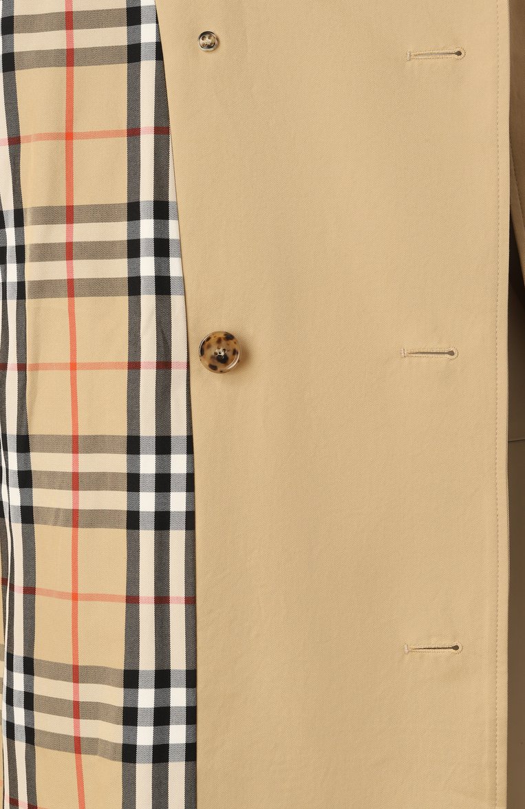 Женский хлопковый тренч BURBERRY бежевого цвета, арт. 8091066 | Фото 7 (Длина (верхняя одежда): До колена; Рукава: Длинные; Материал подклада: Хлопок; Стили: Кэжуэл; Кросс-КТ: Куртка; Материал внешний: Хлопок)