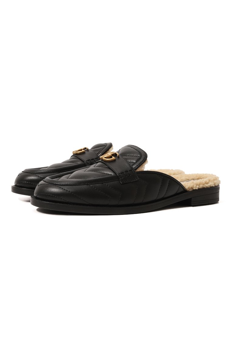 Женские кожаные сабо GUCCI черного цвета, арт. 670400 0CGG0 | Фото 1 (Каблук высота: Низкий; Подошва: Плоская; Материал утеплителя: Натуральный мех; Каблук тип: Устойчивый; Материал внешний: Натуральная кожа)