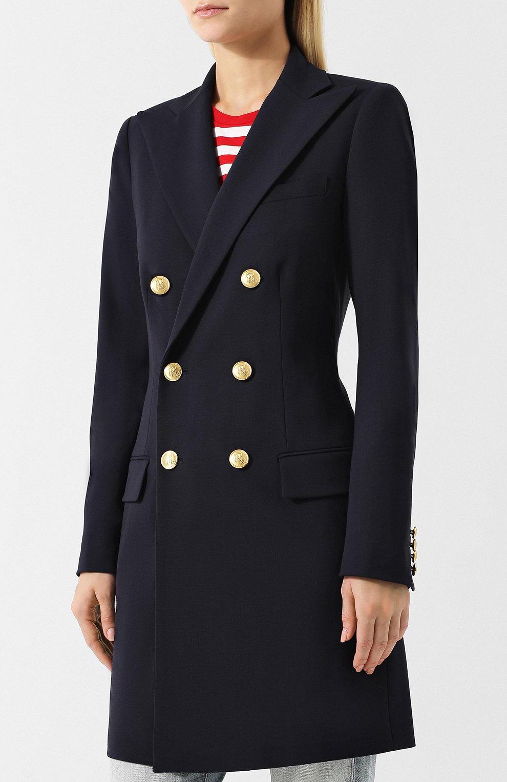 Удлиненное двубортное пальто из шерсти POLO RALPH LAUREN темно-синего цвета по цене 92250 руб., арт. 211641732, фото 3 Удлиненное двубортное пальто из шерсти POLO RALPH LAUREN, арт. 211641732, фото 3