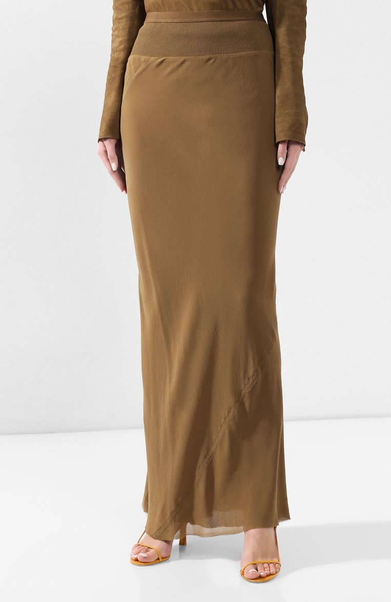 Женская шелковая юбка RICK OWENS коричневого цвета, арт. RP19S6333/G | Фото 3 (Длина Ж (юбки, платья, шорты): Макси; Статус проверки: Проверена категория, Проверено; Материал внешний: Шелк; Женское Кросс-КТ: Юбка-одежда; Материал сплава: Проставлено, Проверено; Драгоценные камни: Проставлено)